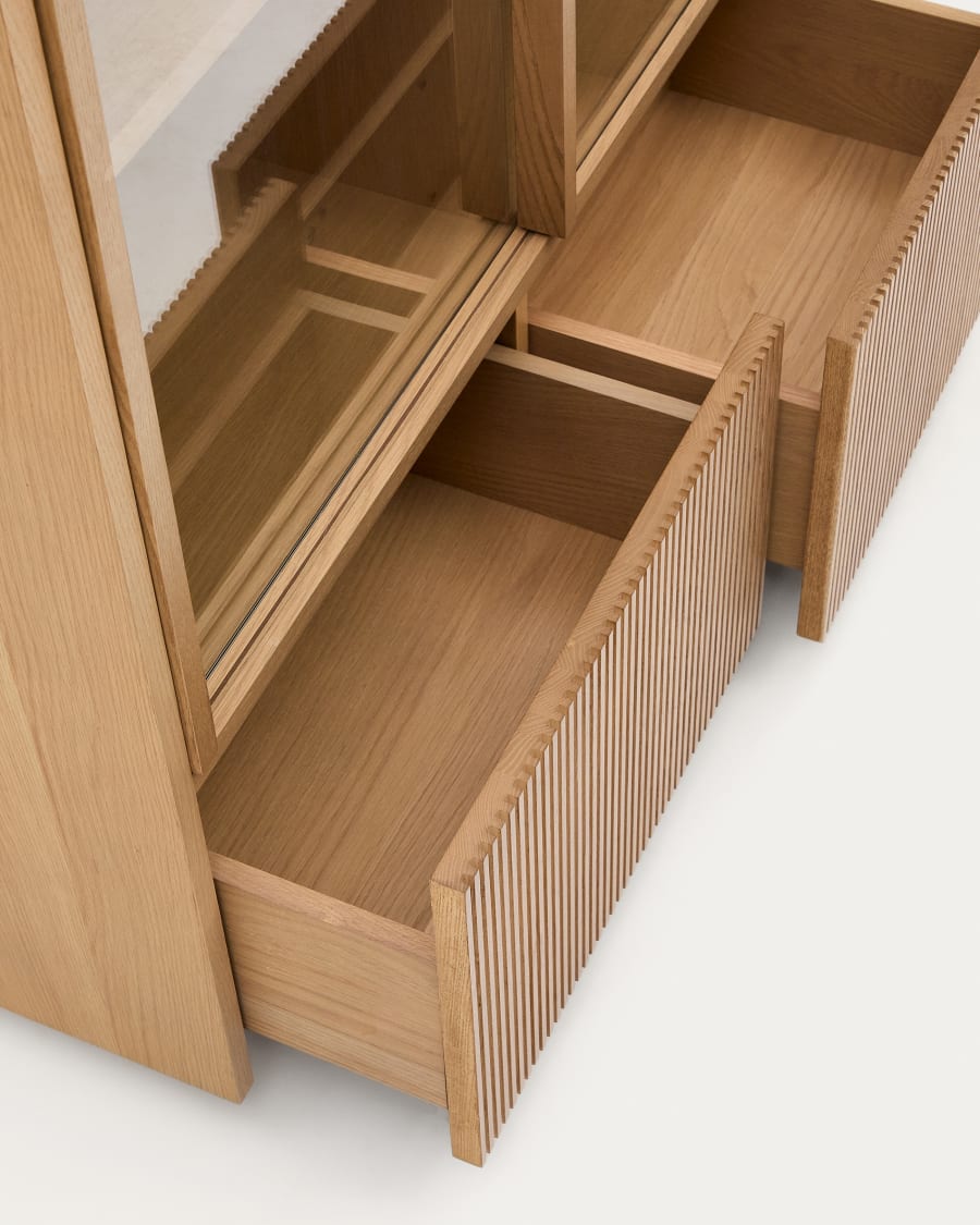 Helvine display cabinet 4 doors 2 drawers oak veneer and tempered glass 100 x 174 cm FSC 100%