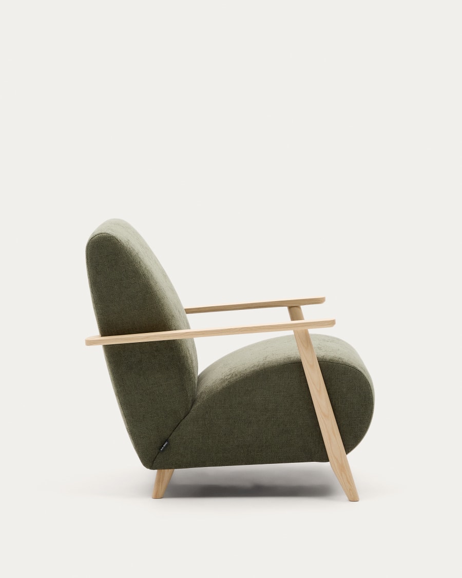Meghan armchair in green chenille and with solid beech wood in a natural finish FSC Mix Credit