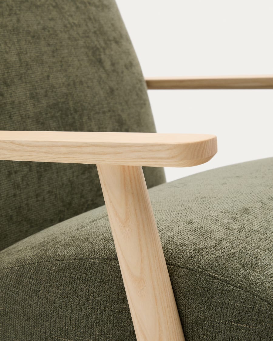 Meghan armchair in green chenille and with solid beech wood in a natural finish FSC Mix Credit