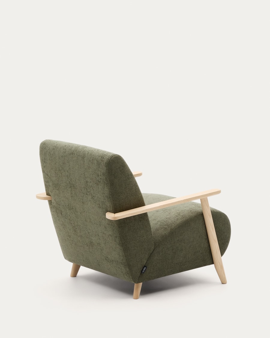 Meghan armchair in green chenille and with solid beech wood in a natural finish FSC Mix Credit