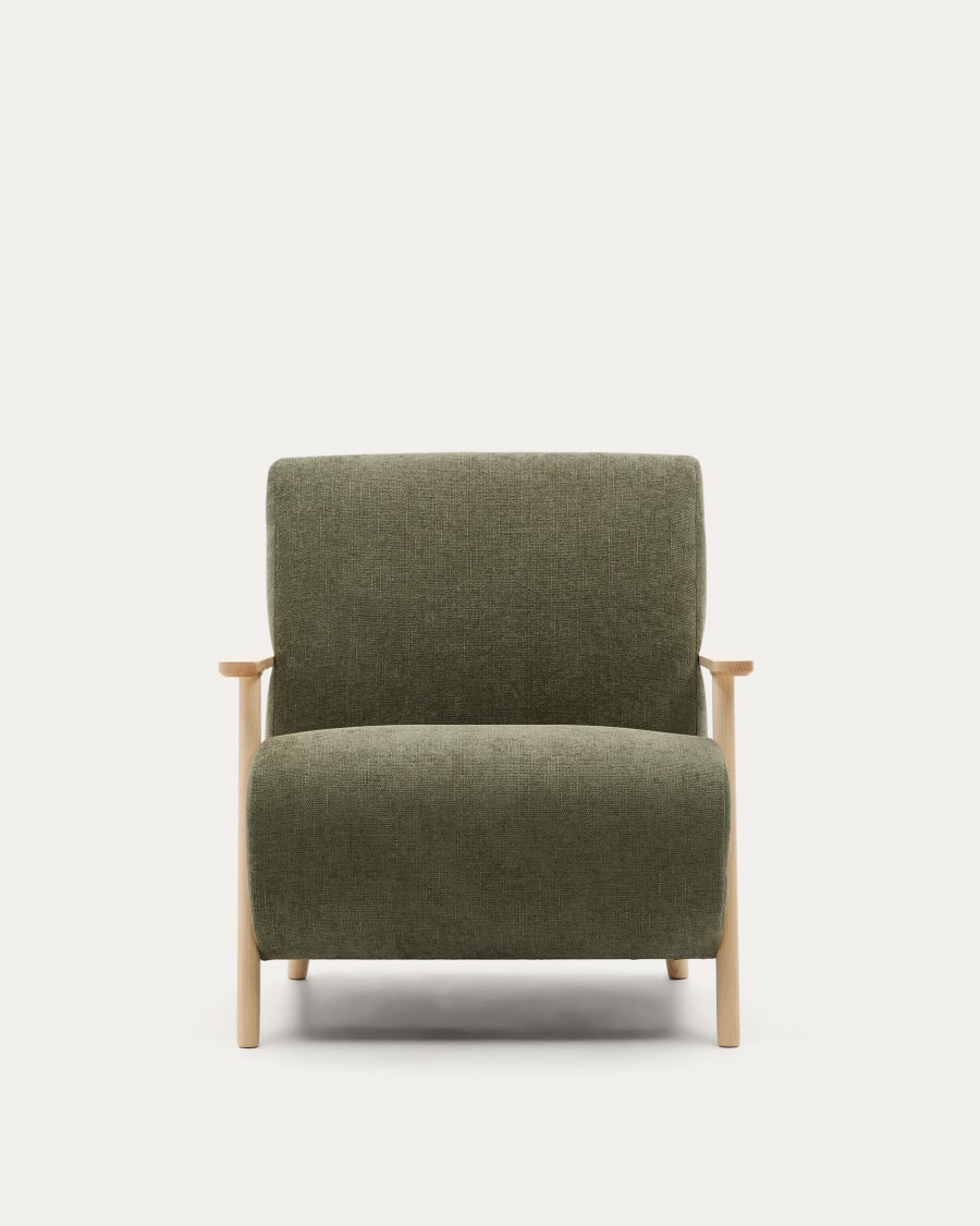 Meghan armchair in green chenille and with solid beech wood in a natural finish FSC Mix Credit