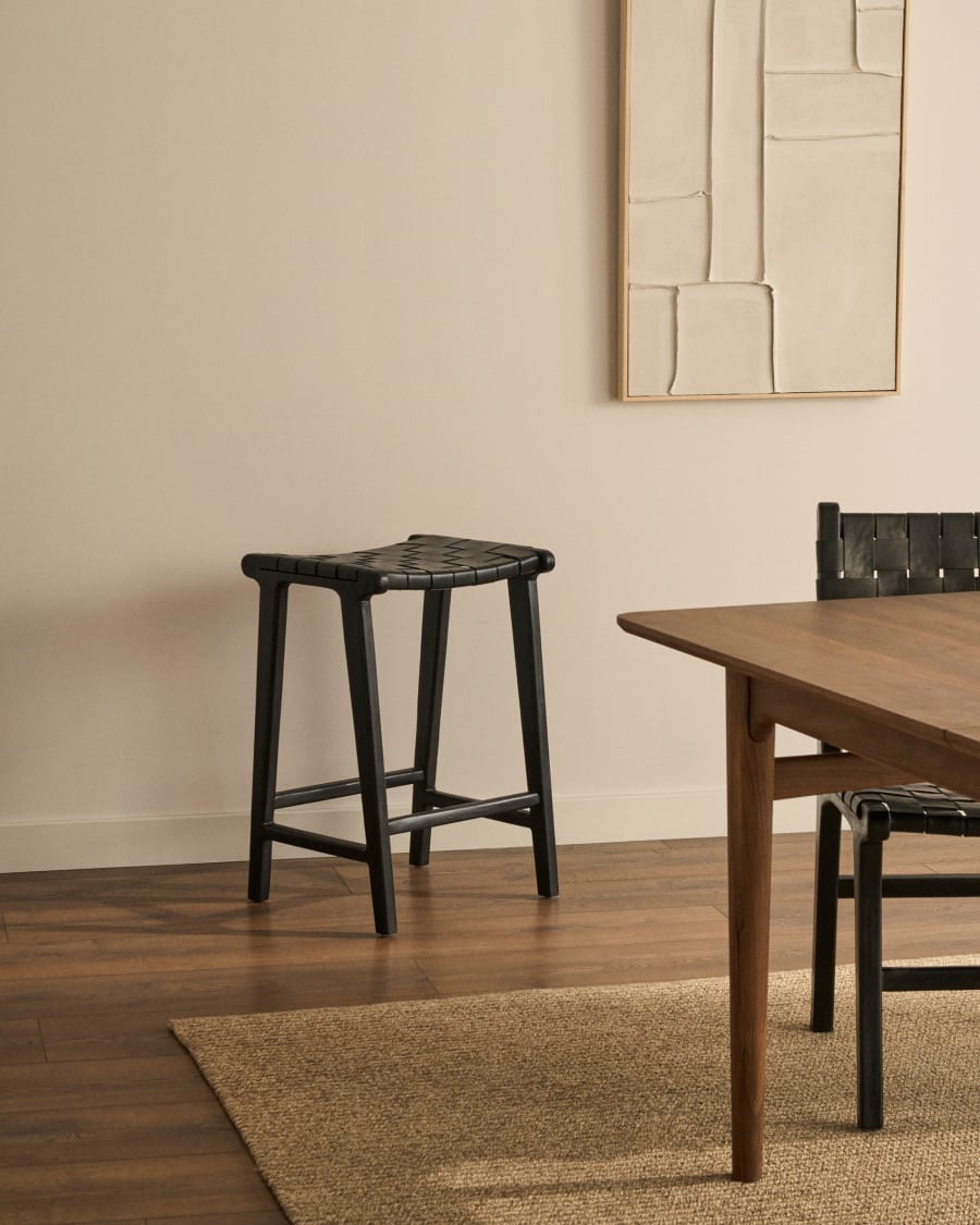 Calixta stool in leather and solid mahogany wood with black finish 67 cm height Kave Home Greece