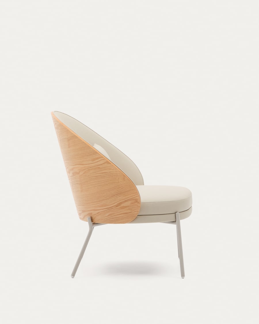 Eamy armchair in beige faux leather, ash veneer with natural finish and beige metal
