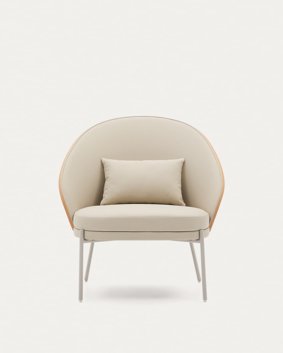 Eamy armchair in beige faux leather, ash veneer with natural finish and beige metal