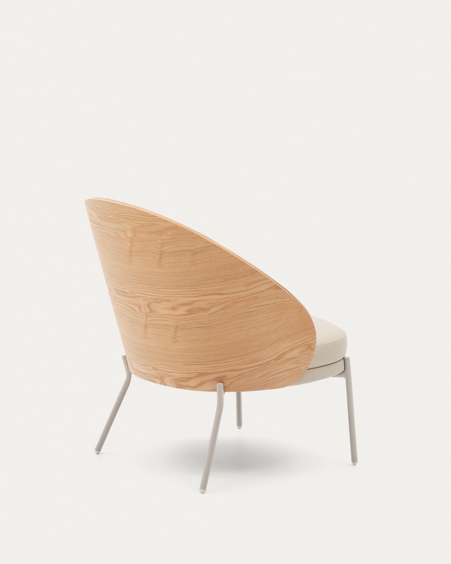 Eamy armchair in beige faux leather, ash veneer with natural finish and beige metal