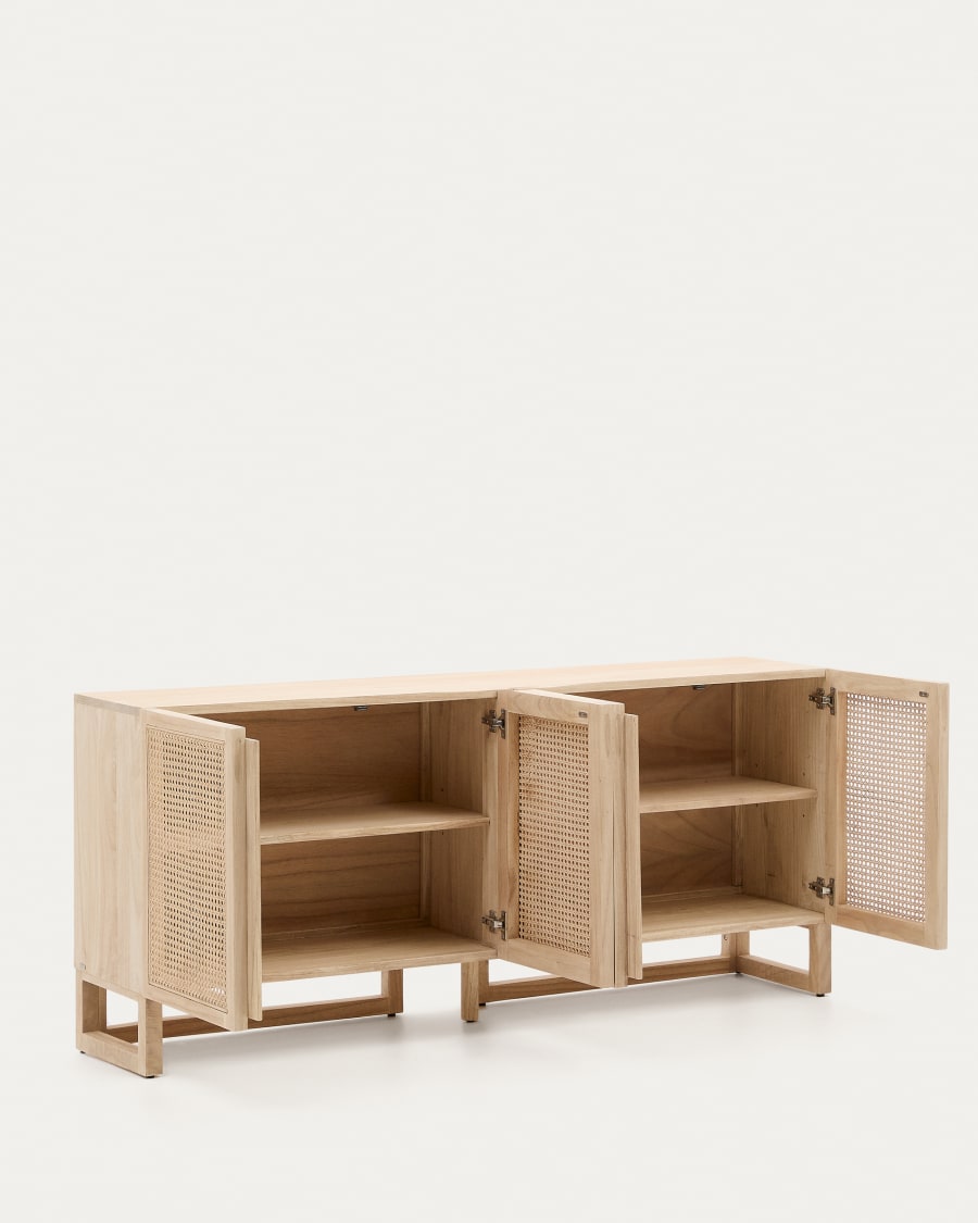 Rexit sideboard with 4 doors in solid and veneer mindi wood with rattan, 180 x 78 cm