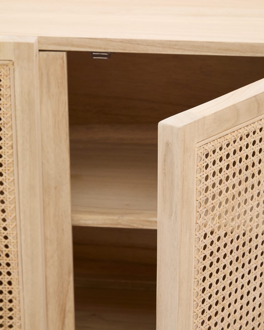 Rexit sideboard with 4 doors in solid and veneer mindi wood with rattan, 180 x 78 cm