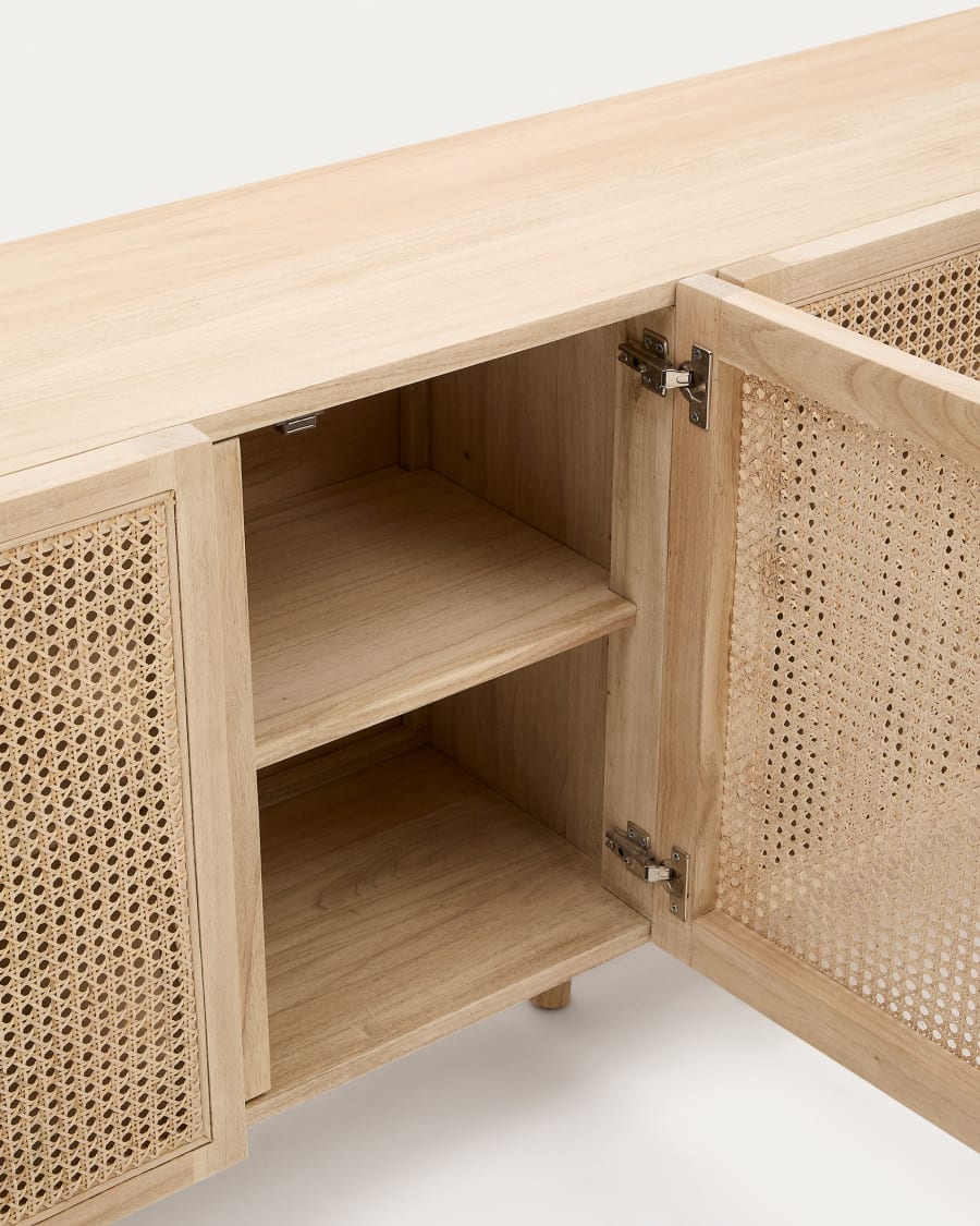 Rexit sideboard with 4 doors in solid and veneer mindi wood with rattan, 180 x 78 cm