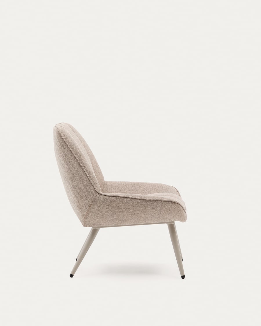 Marlina armchair in beige chenille fabric with steel legs in a grey matte paint finish