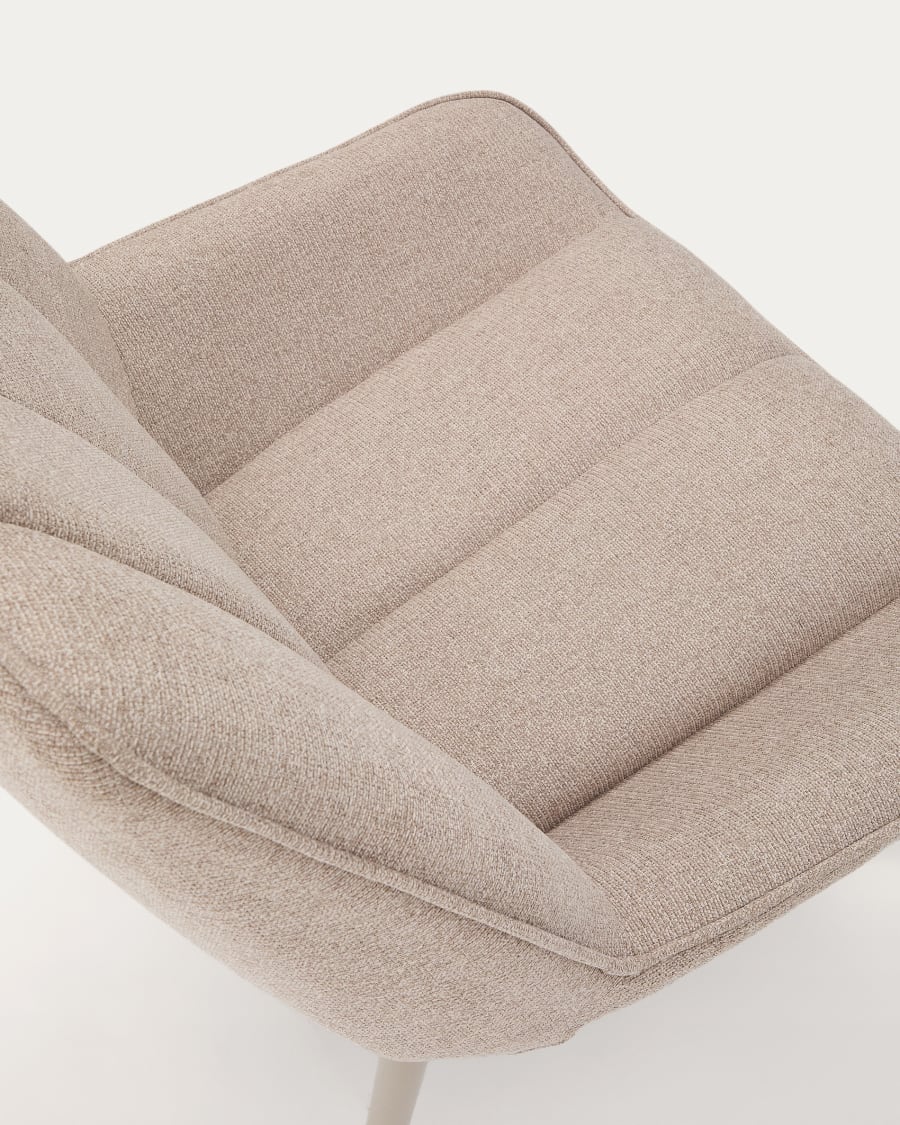 Marlina armchair in beige chenille fabric with steel legs in a grey matte paint finish