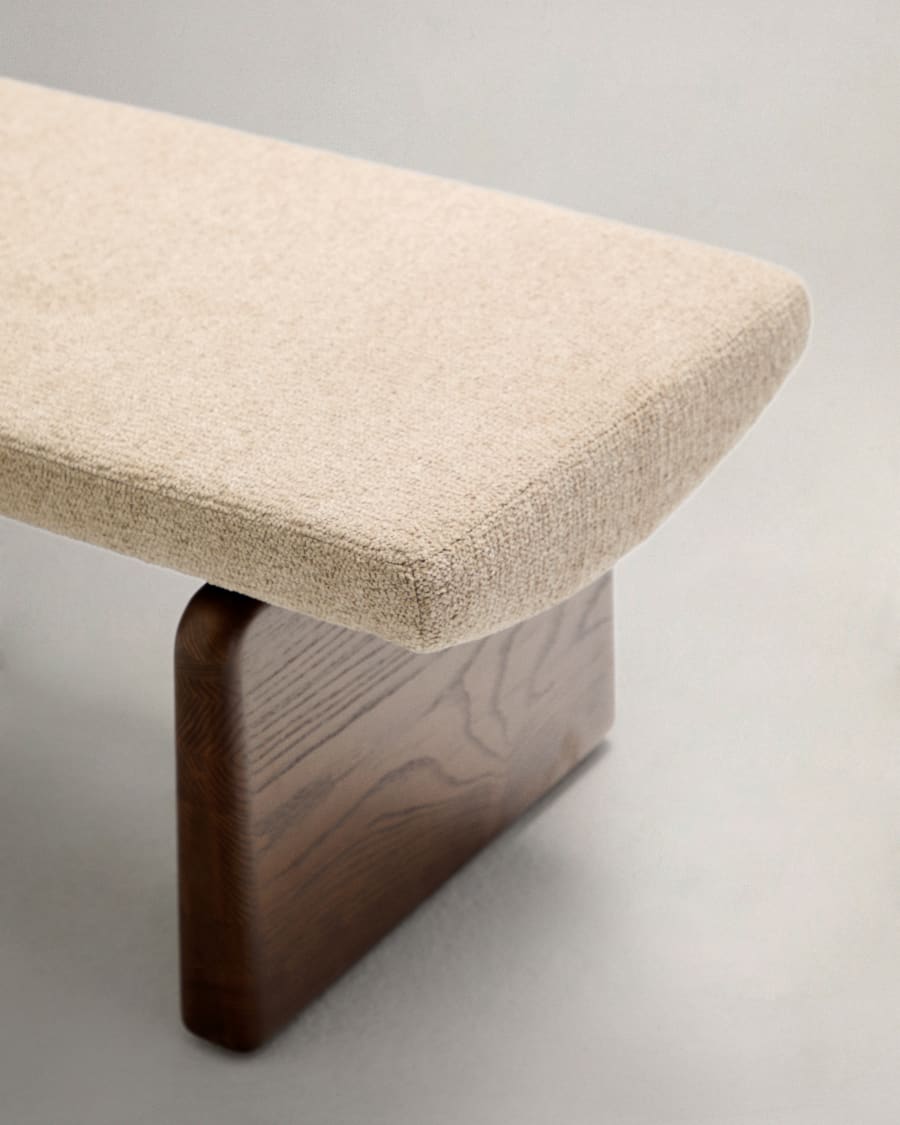 Topaz bench in beige chenille and FSC 100% solid ash wood in a walnut finish, 150 cm