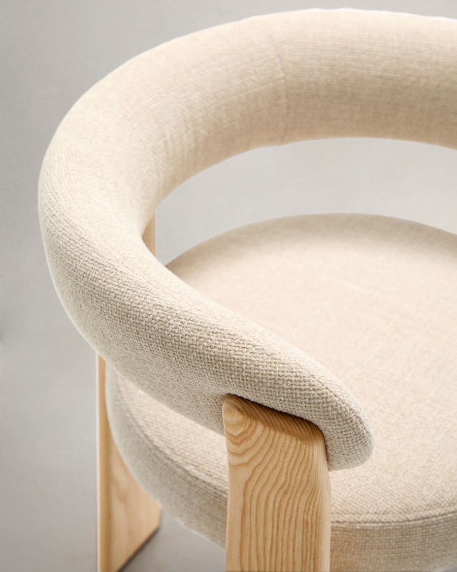 Granite 3-legged chair in beige chenille and solid ash wood in a natural finish FSC 100%