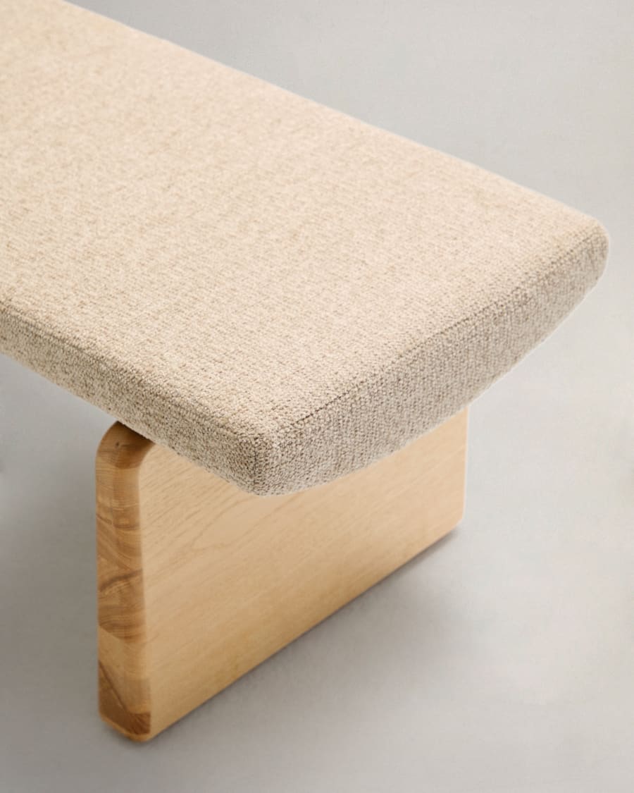 Topaz bench in beige chenille and FSC 100% solid ash wood in a natural finish, 150 cm