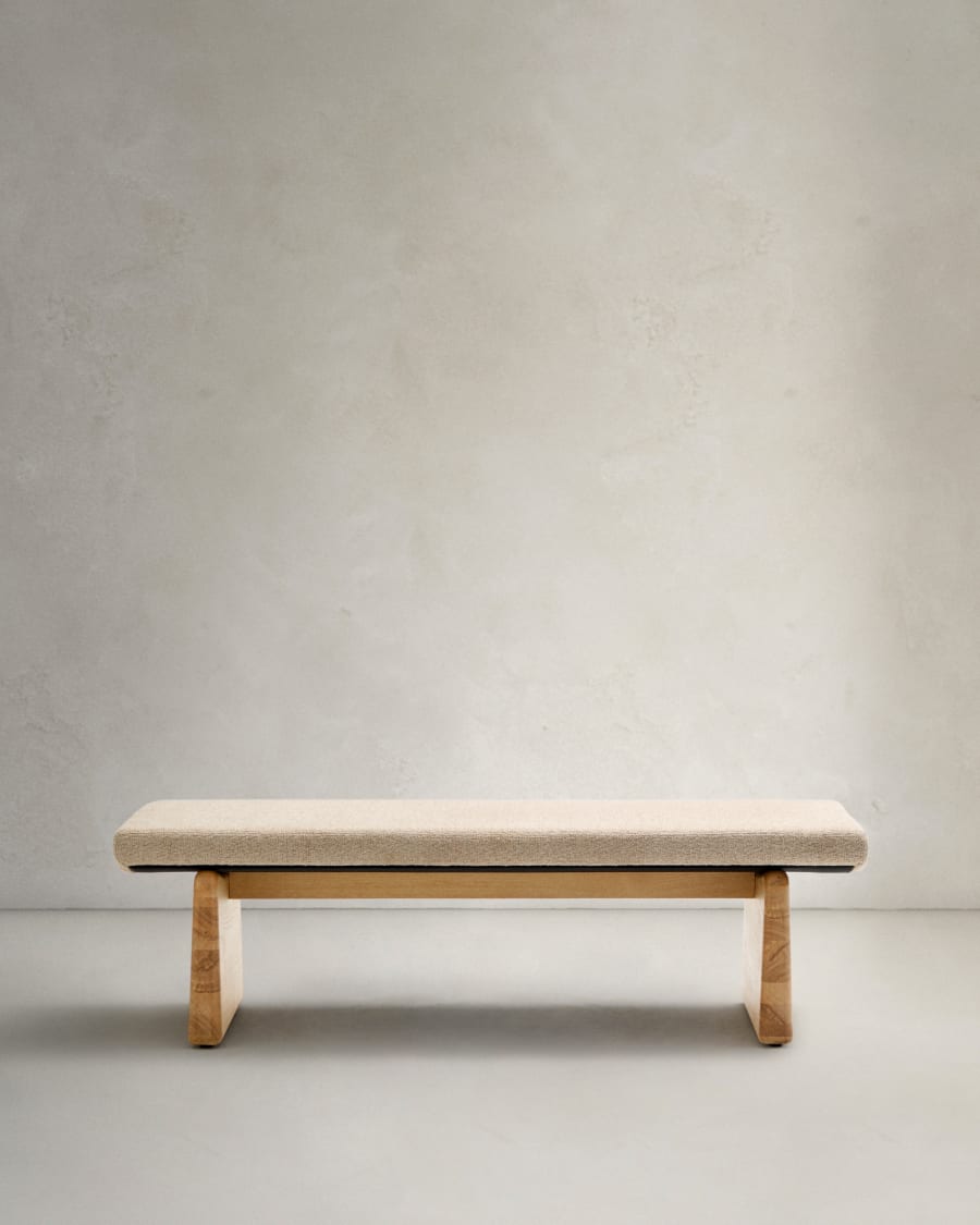 Topaz bench in beige chenille and FSC 100% solid ash wood in a natural finish, 150 cm