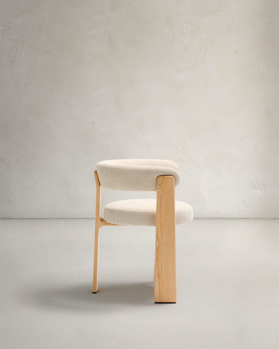 Granite 3-legged chair in beige chenille and solid ash wood in a natural finish FSC 100%