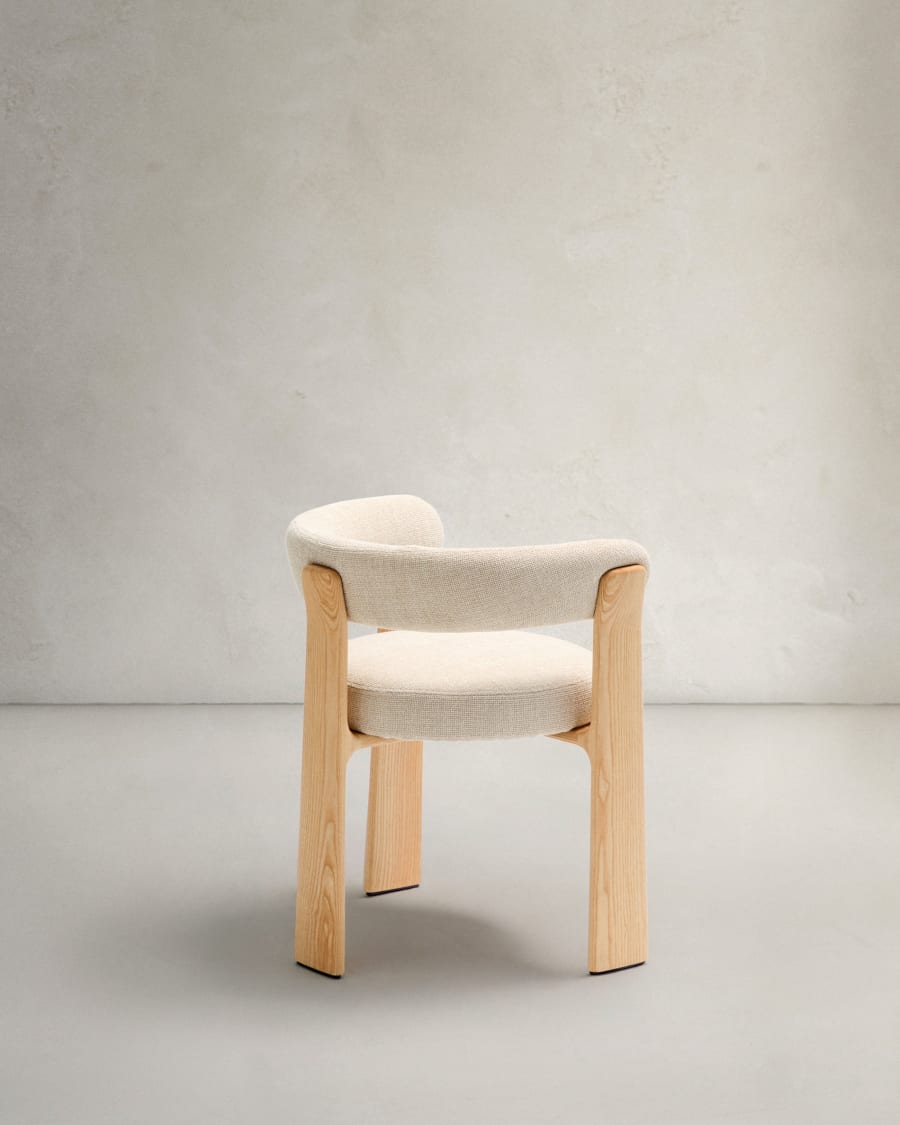 Granite 3-legged chair in beige chenille and solid ash wood in a natural finish FSC 100%