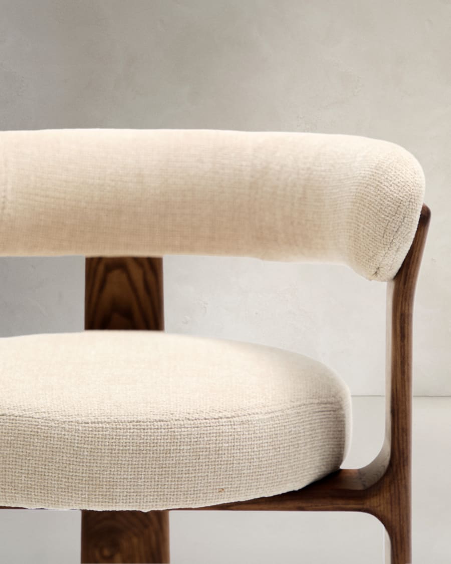 Granite 3-legged chair in beige chenille and with solid ash wood in a walnut finish FSC 100%