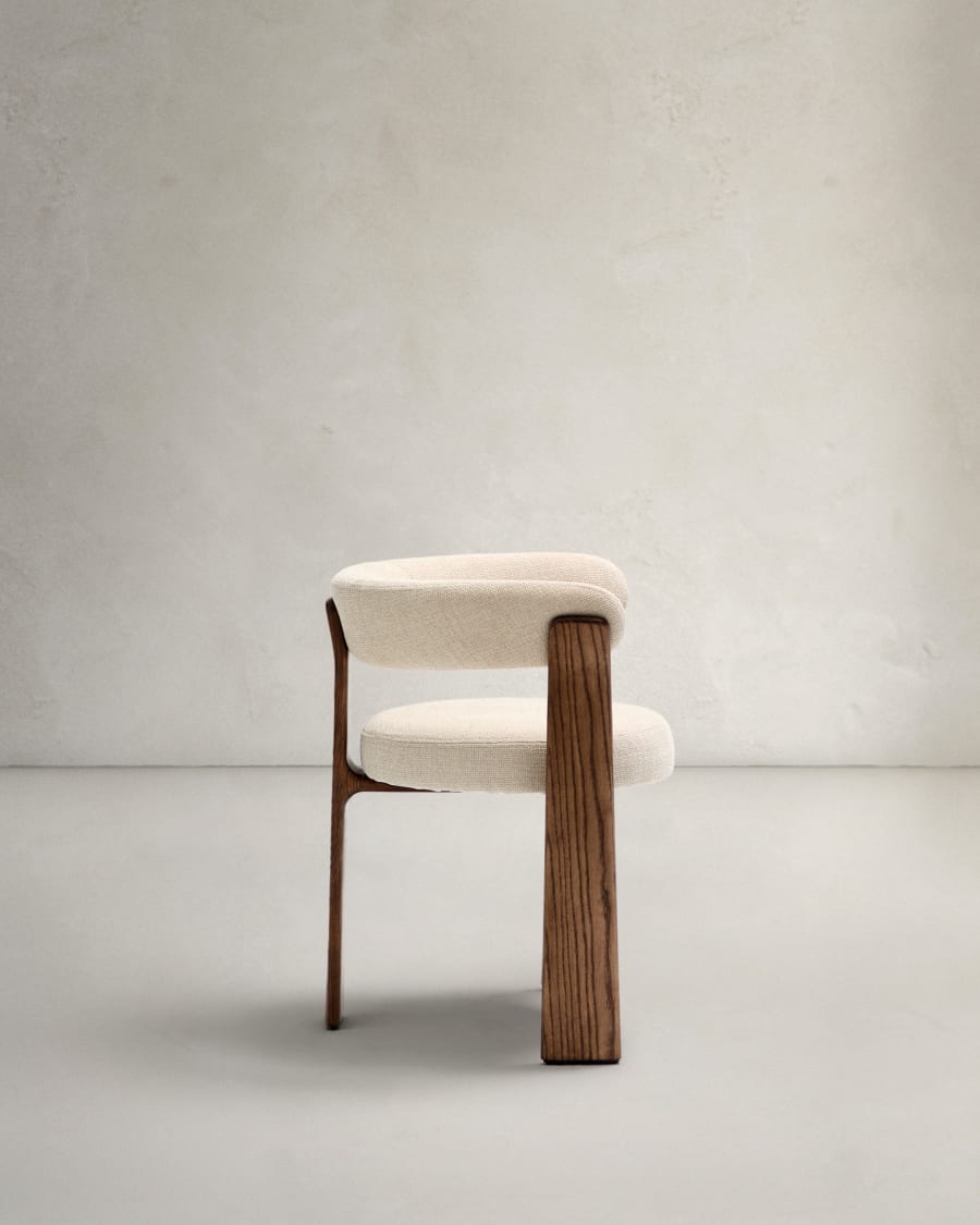 Granite 3-legged chair in beige chenille and with solid ash wood in a walnut finish FSC 100%
