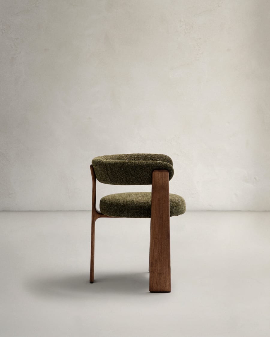 Granite 3-legged chair in green chenille and with solid ash wood in a walnut finish FSC 100%