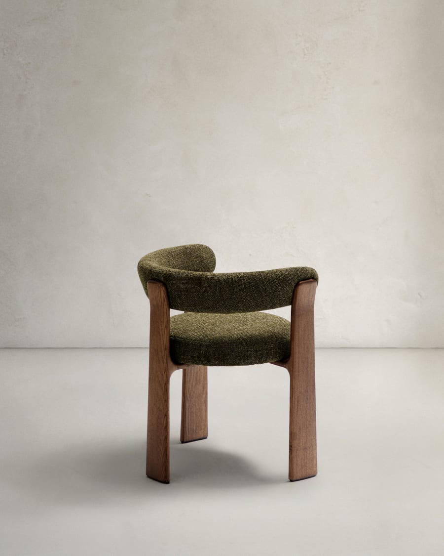 Granite 3-legged chair in green chenille and with solid ash wood in a walnut finish FSC 100%
