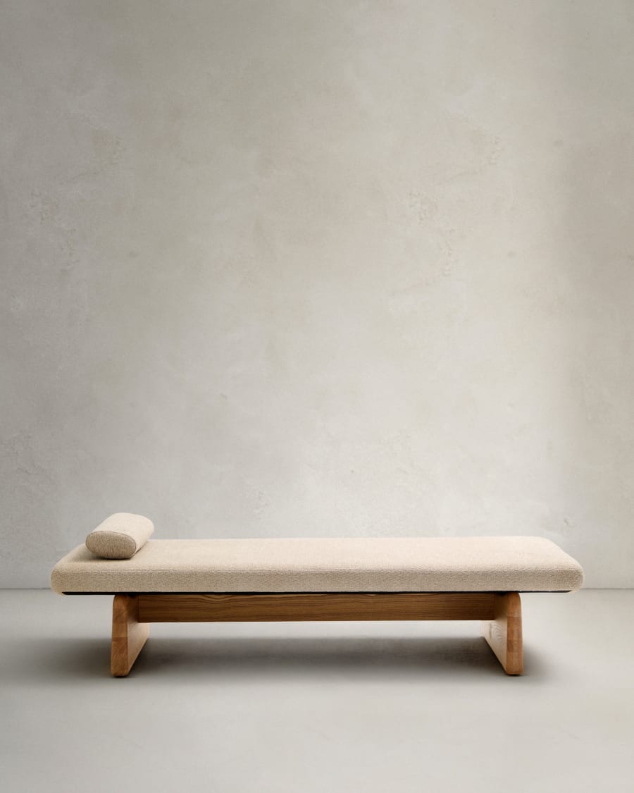 Topaz divan in beige chenille with solid ash wood in a natural finish, 200 cm FSC 100%