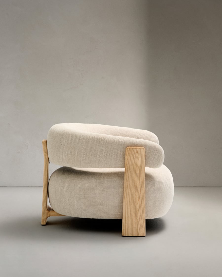 Granite beige chenille armchair with solid ash wood legs in a natural finish FSC 100%