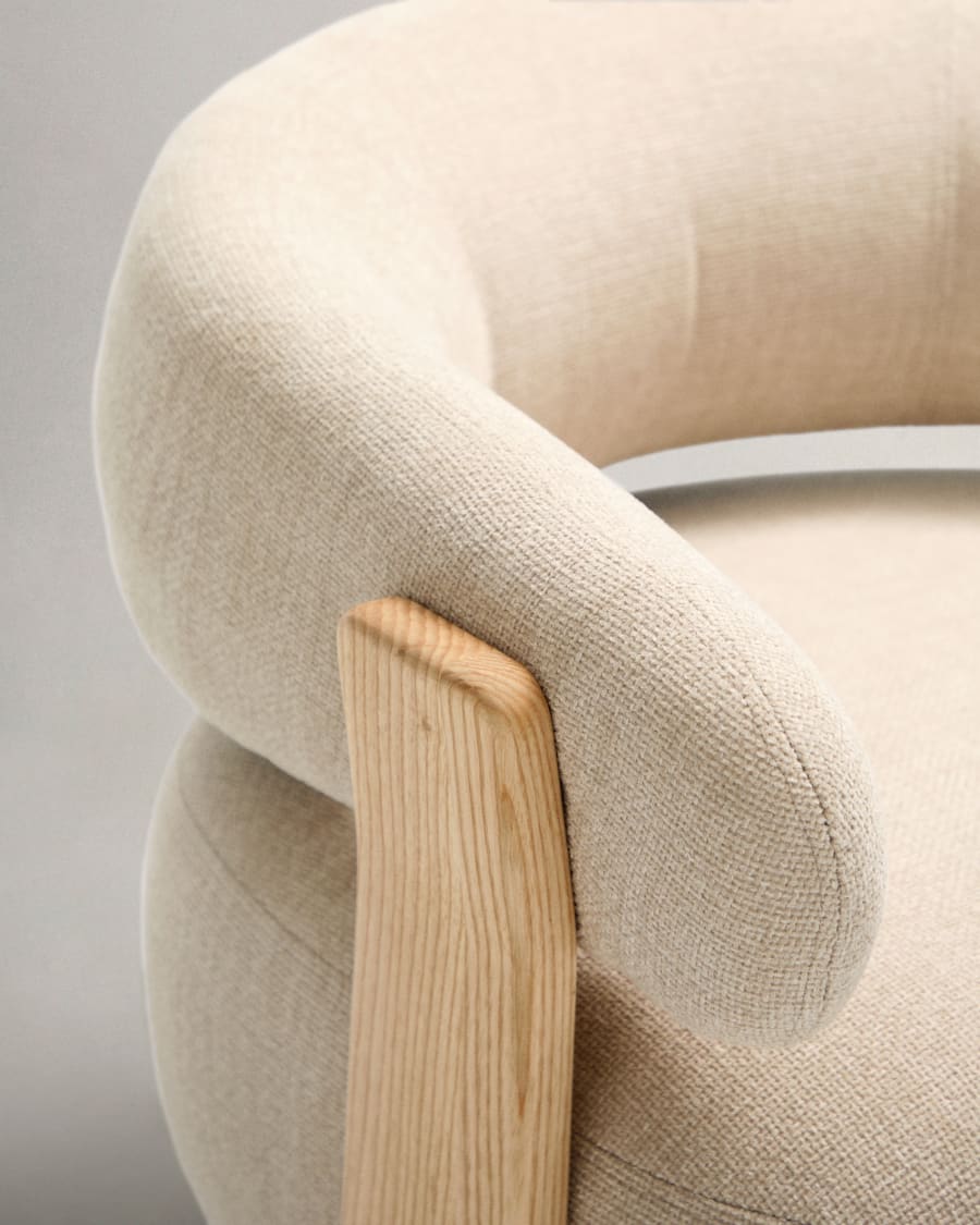 Granite beige chenille armchair with solid ash wood legs in a natural finish FSC 100%