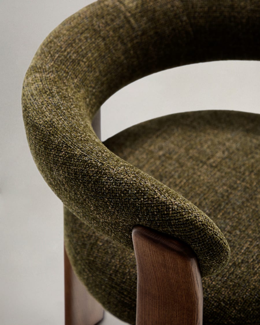 Granite 3-legged chair in green chenille and with solid ash wood in a walnut finish FSC 100%