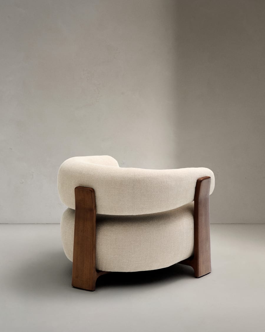 Granite beige chenille armchair with solid ash wood legs in a walnut finish FSC 100%