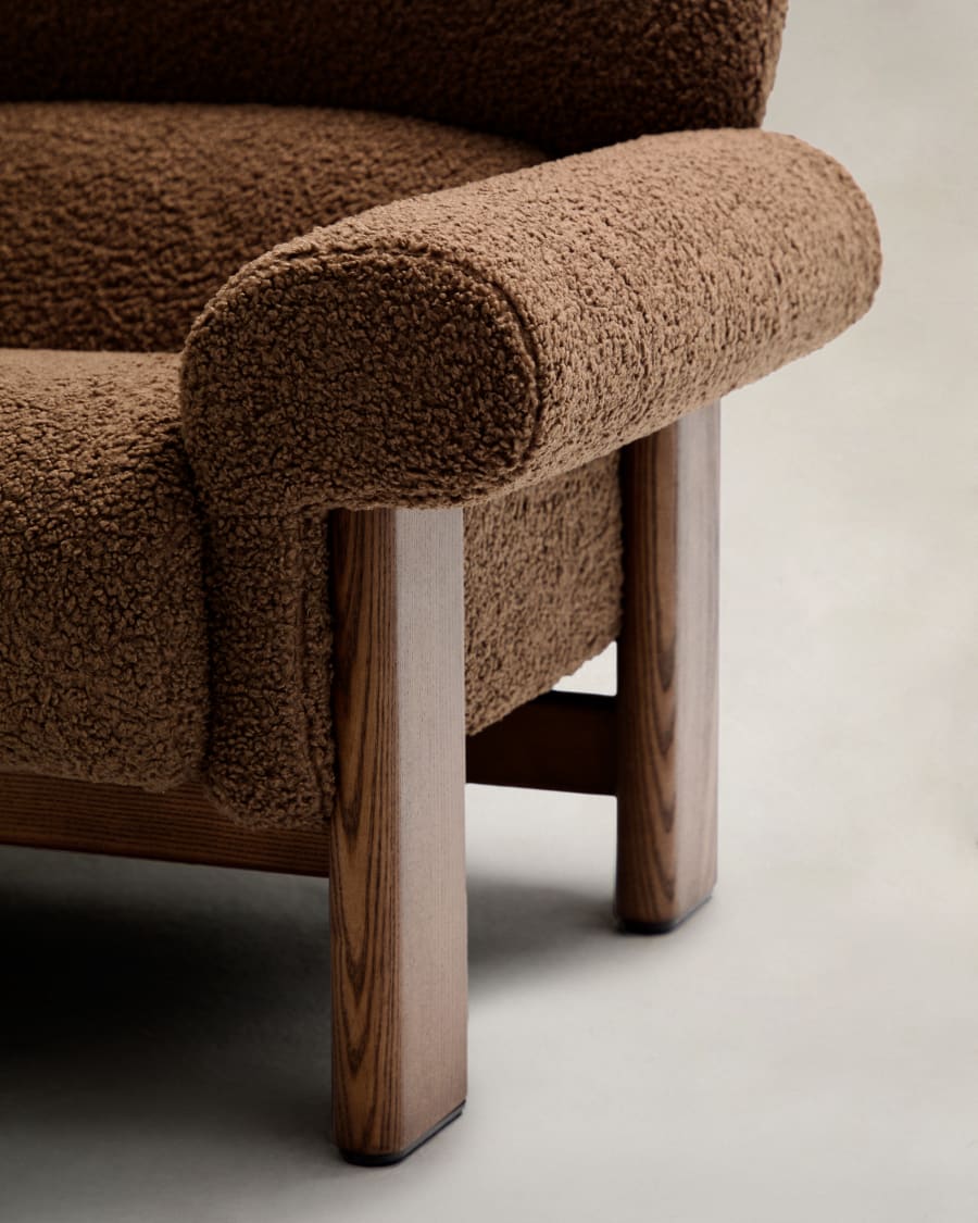 Nema armchair in taupe bouclé with solid ash wood legs in a walnut finish FSC 100%