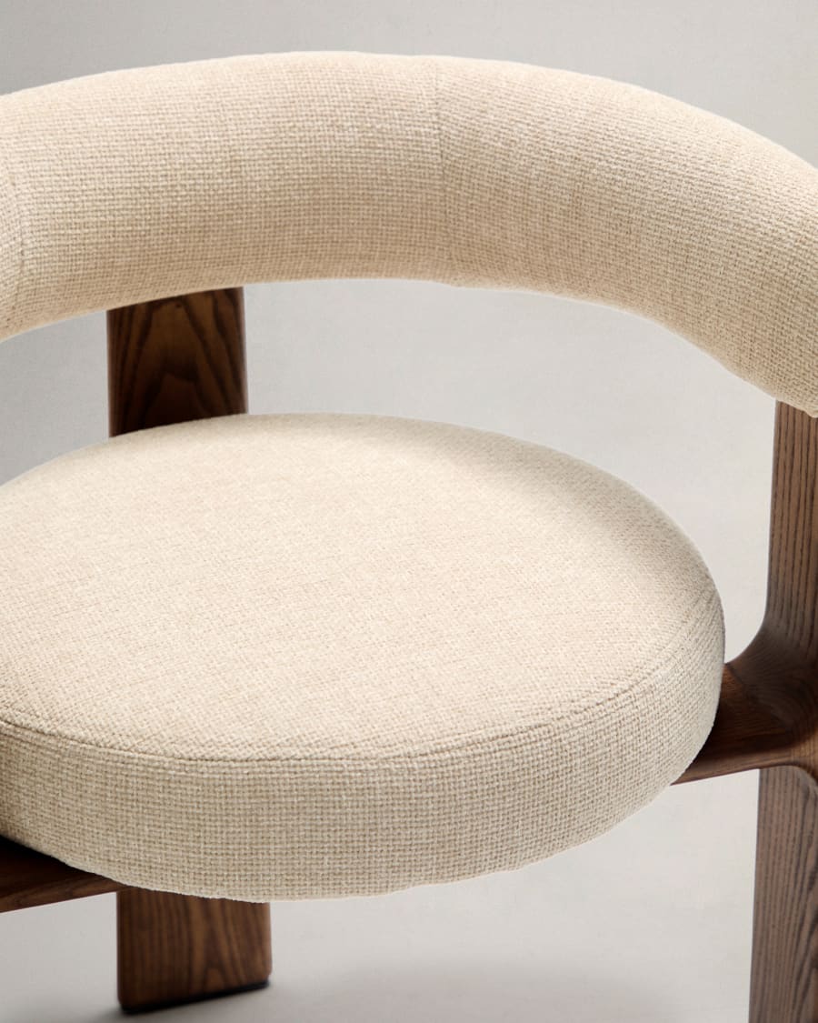 Granite 3-legged chair in beige chenille and with solid ash wood in a walnut finish FSC 100%