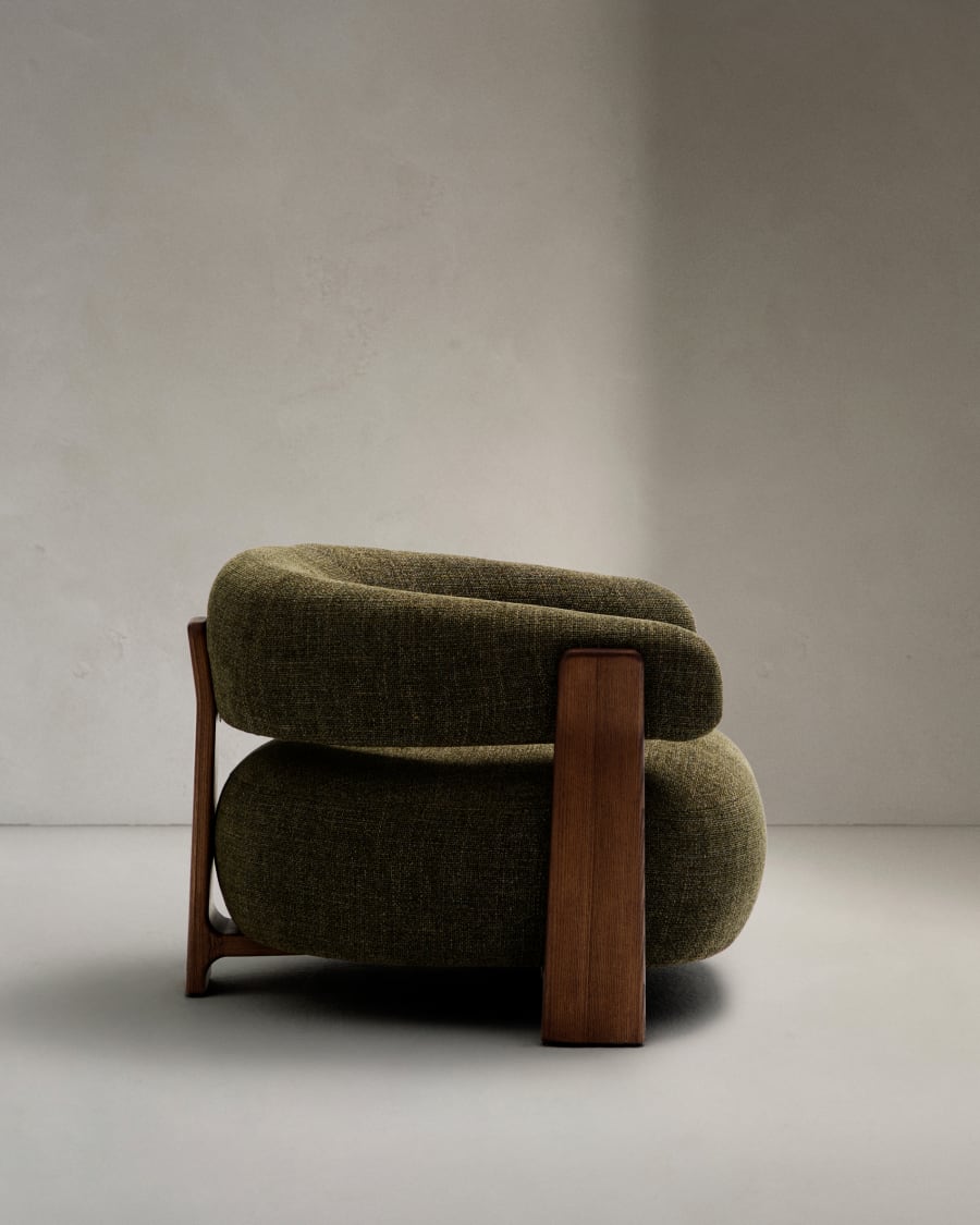 Granite green chenille armchair with solid ash wood legs in a walnut finish FSC 100%