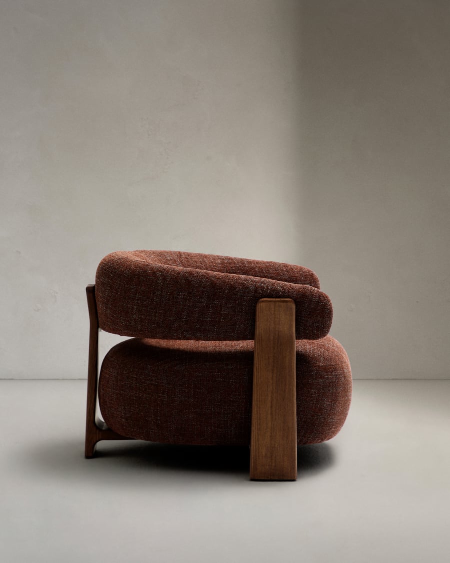 Granite brown chenille armchair with solid ash wood legs in a walnut finish FSC 100%