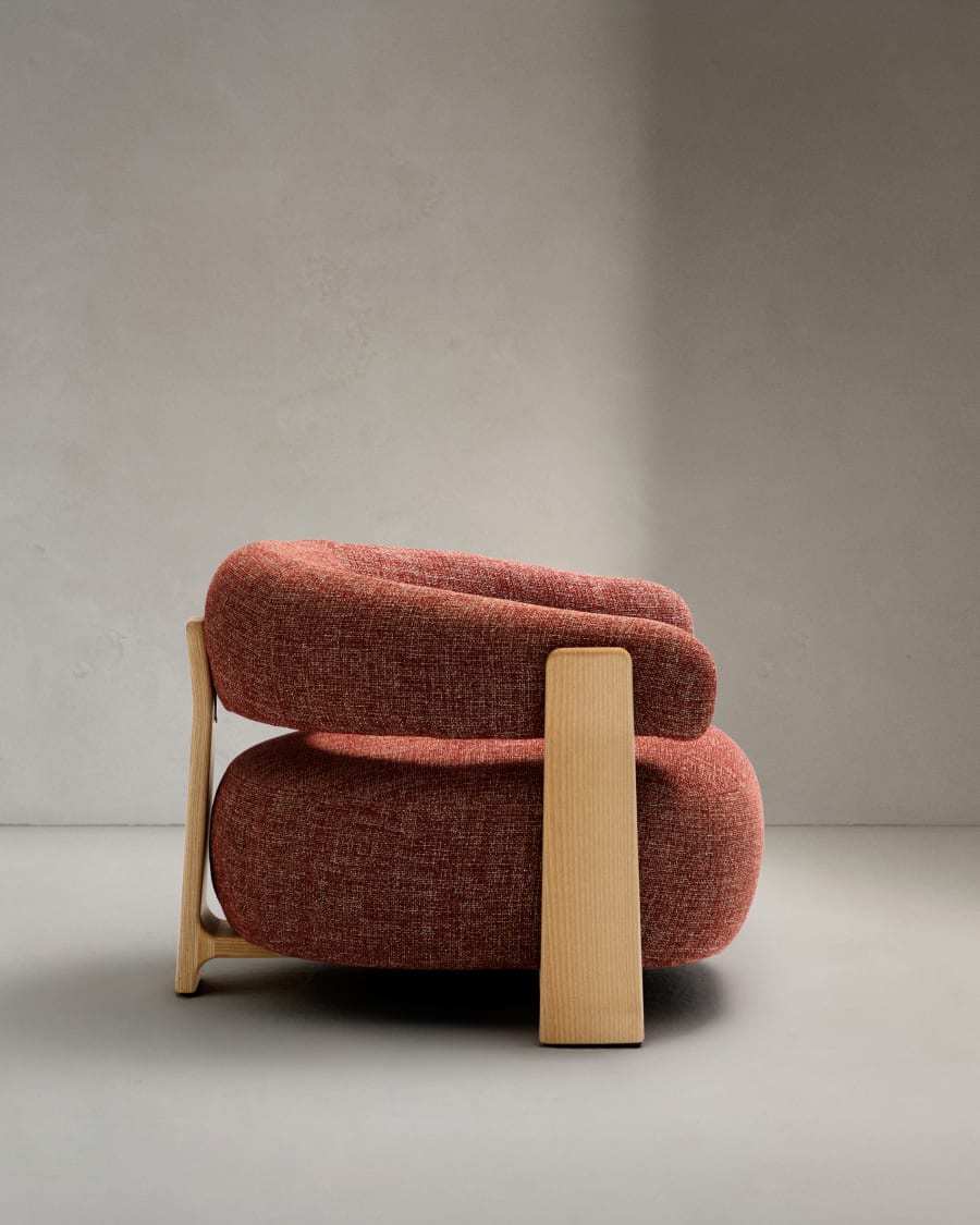 Granite terracotta chenille armchair with solid ash wood legs in a natural finish FSC 100%