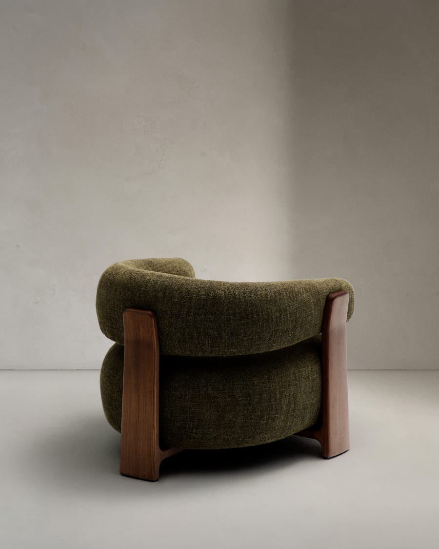 Granite green chenille armchair with solid ash wood legs in a walnut finish FSC 100%