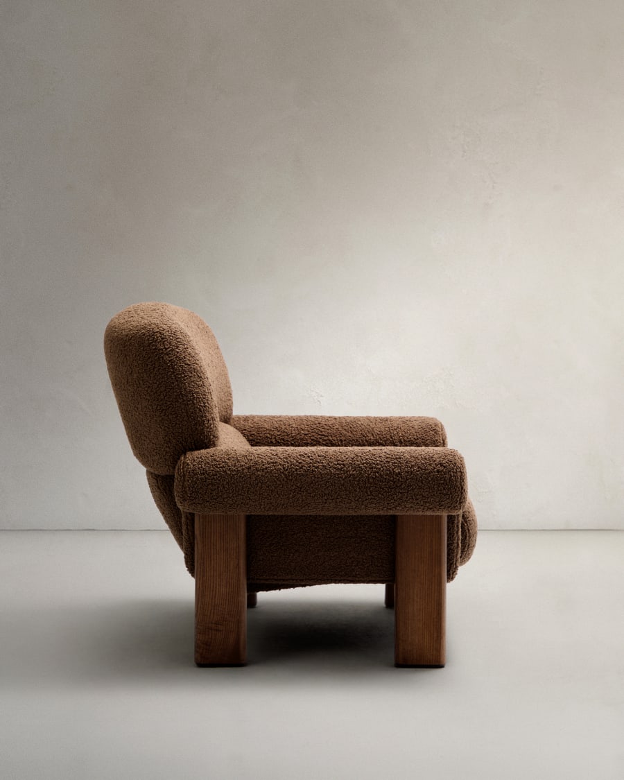 Nema armchair in taupe bouclé with solid ash wood legs in a walnut finish FSC 100%