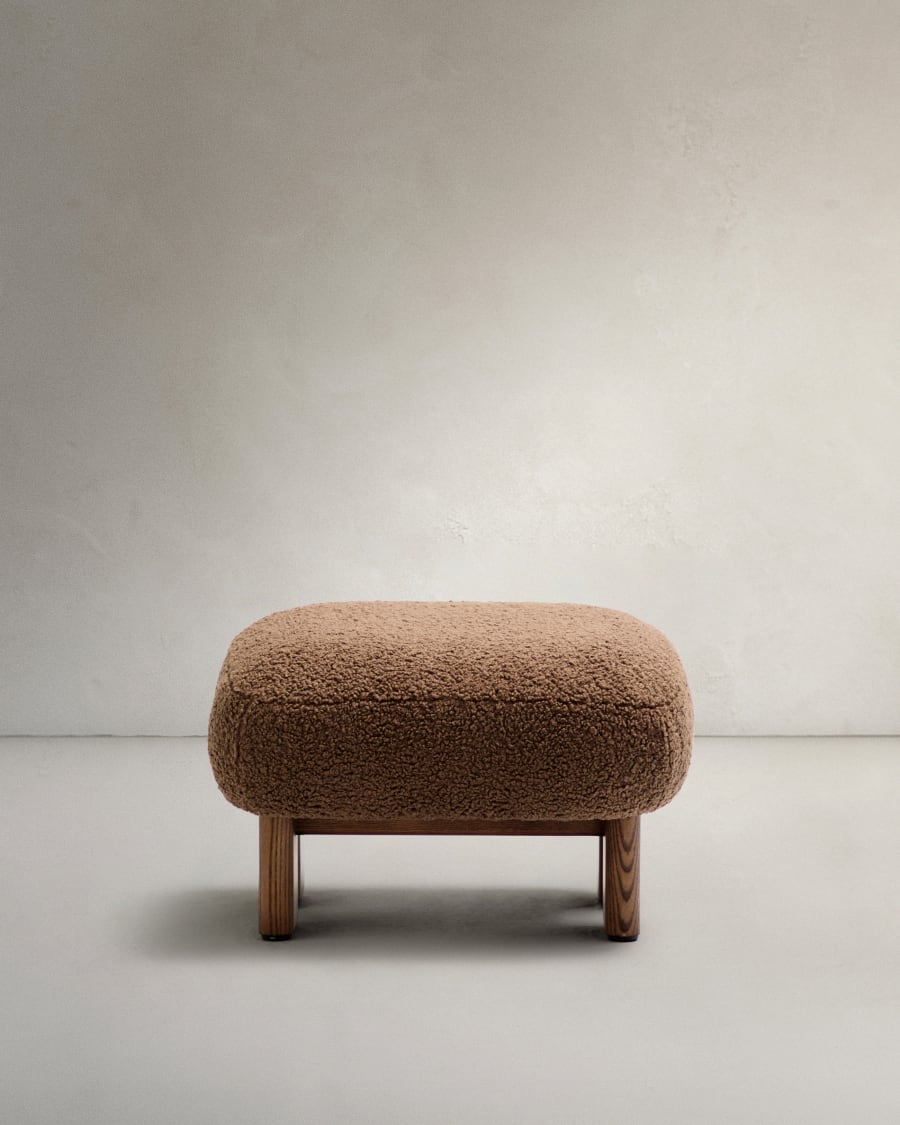 Nema taupe bouclé footstool with solid ash wood legs walnut finish 65x55.4cm FSC 100%