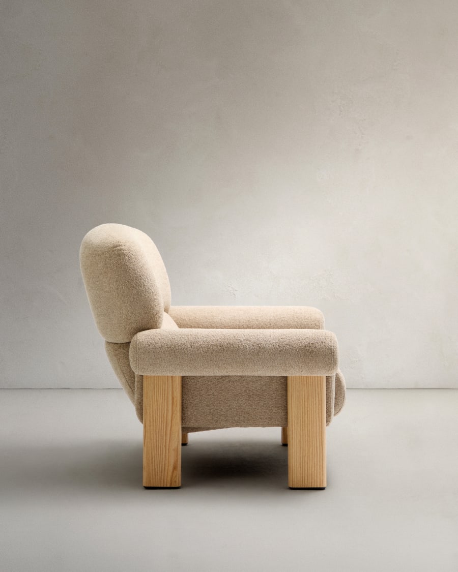 Nema armchair in beige chenille with solid ash wood legs in a natural finish FSC 100%