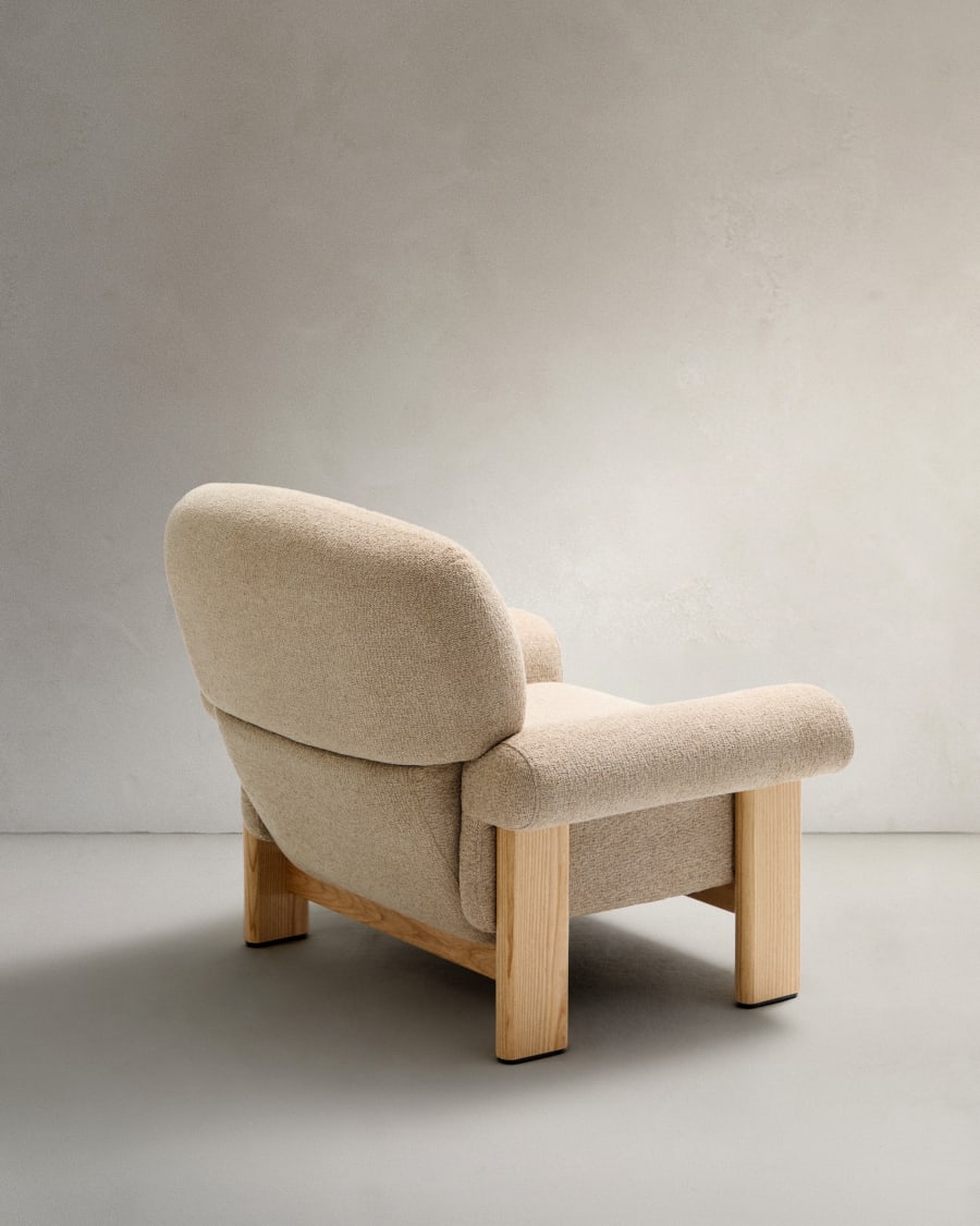 Nema armchair in beige chenille with solid ash wood legs in a natural finish FSC 100%