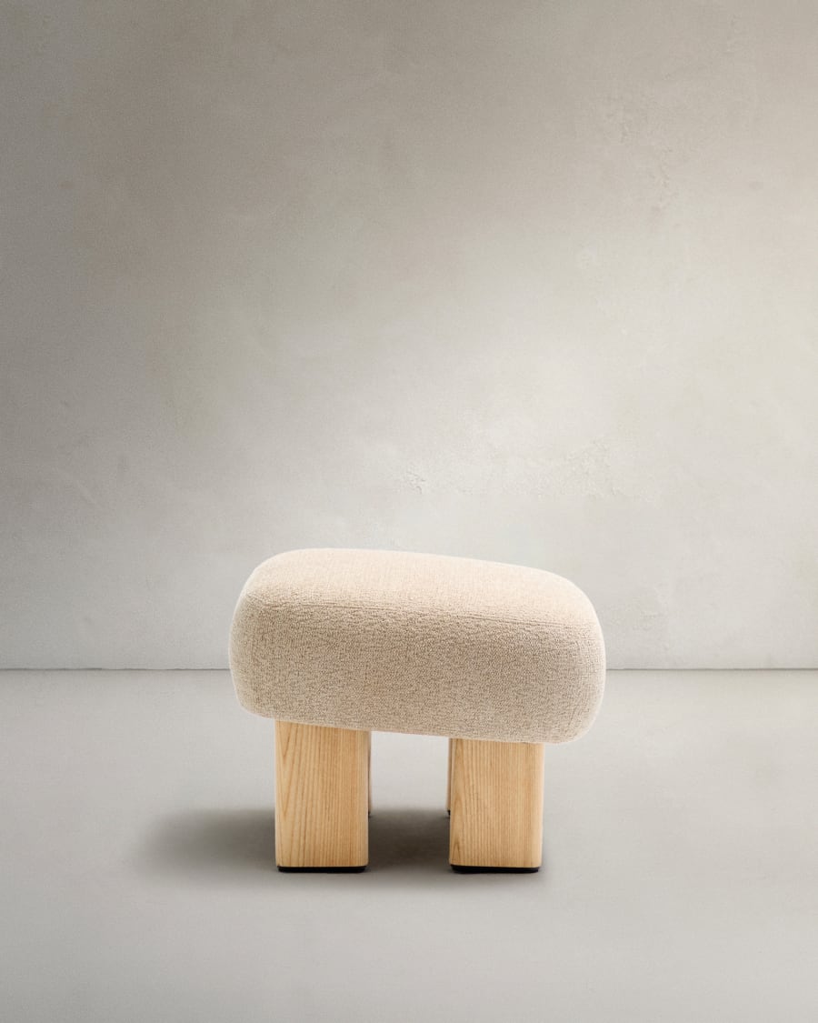 Nema beige chenille footstool with solid ash wood legs natural finish 65x55.4 cm FSC 100%