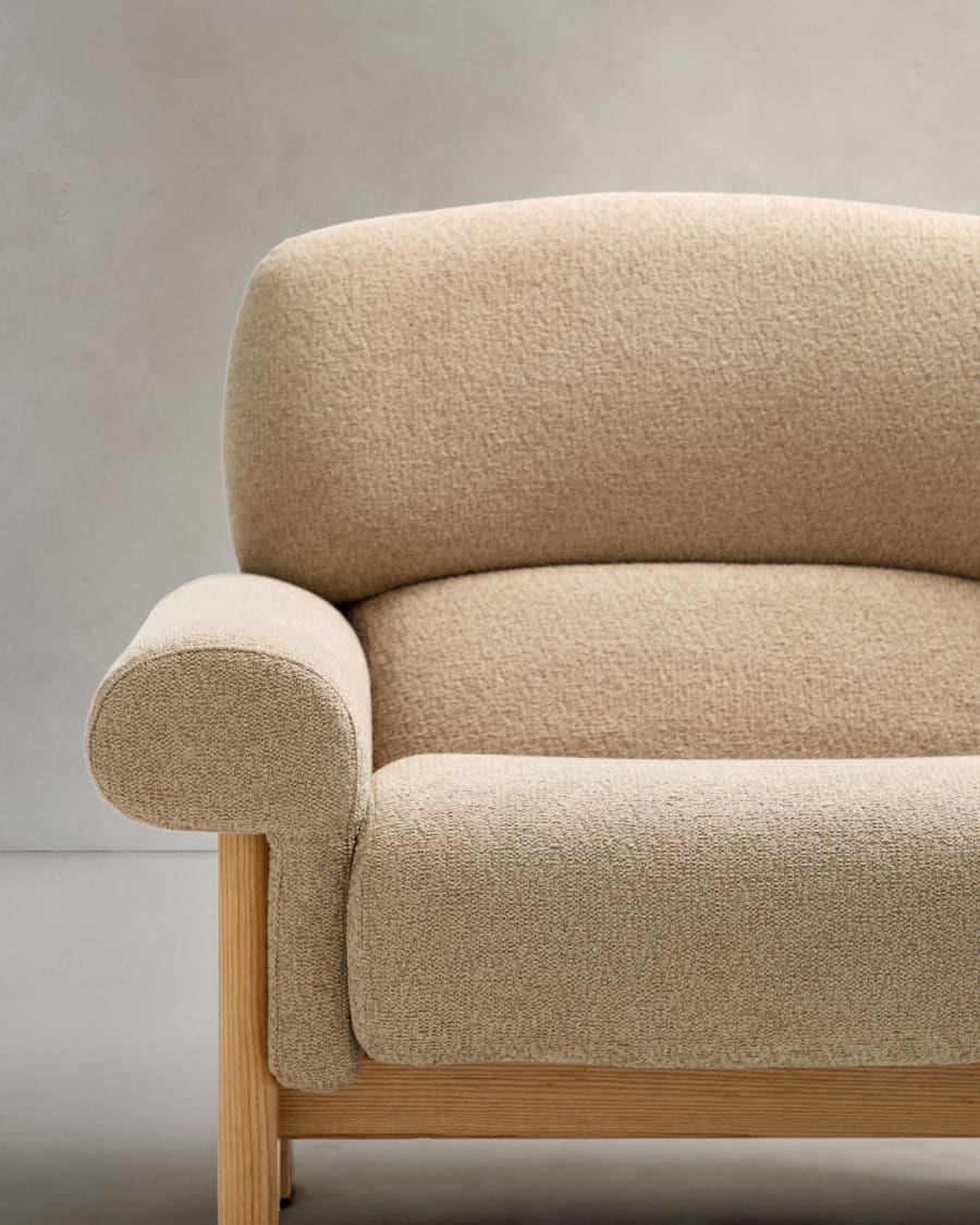 Nema armchair in beige chenille with solid ash wood legs in a natural finish FSC 100%