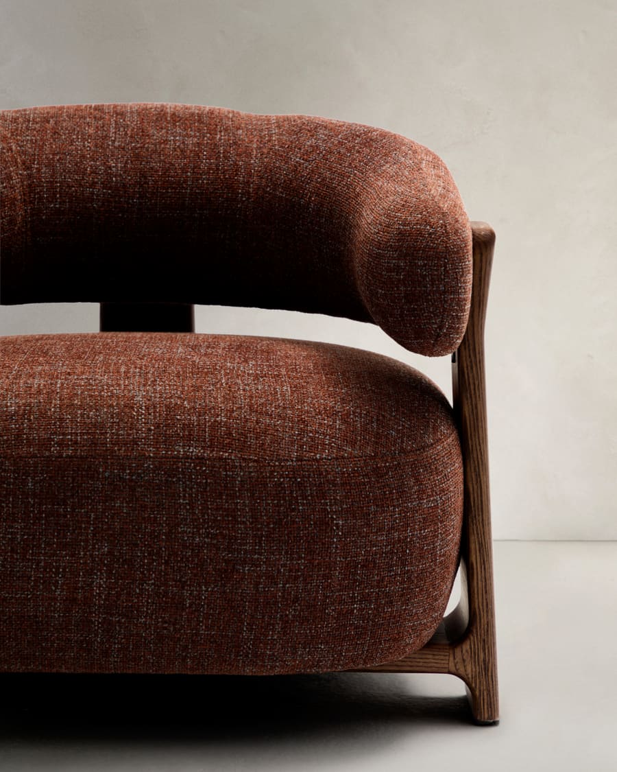 Granite brown chenille armchair with solid ash wood legs in a walnut finish FSC 100%