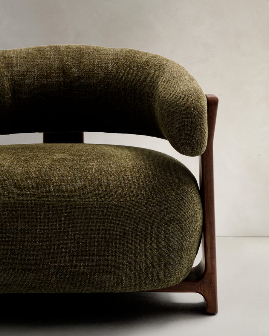 Granite green chenille armchair with solid ash wood legs in a walnut finish FSC 100%