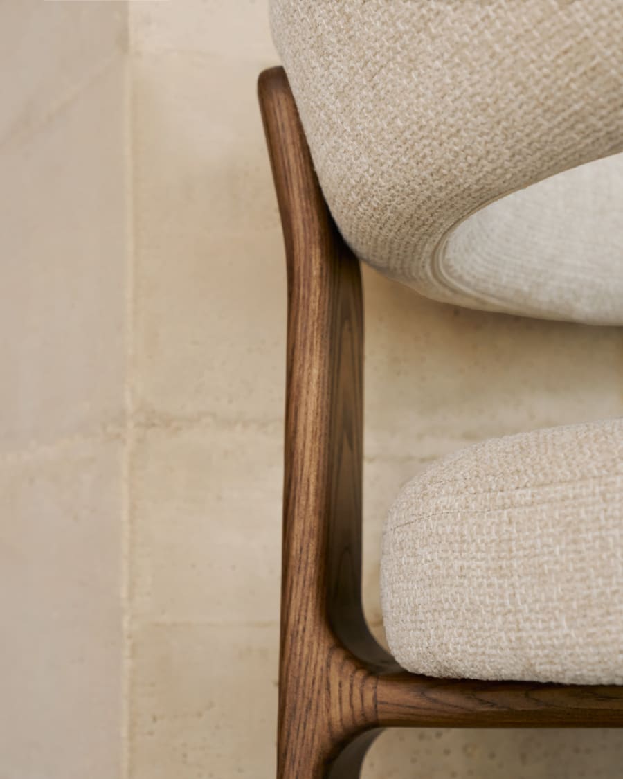 Granite 3-legged chair in beige chenille and with solid ash wood in a walnut finish FSC 100%