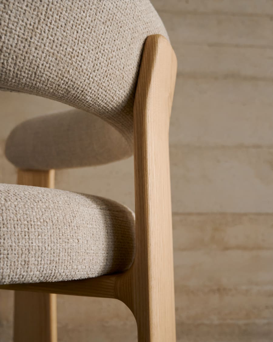 Granite 3-legged chair in beige chenille and solid ash wood in a natural finish FSC 100%
