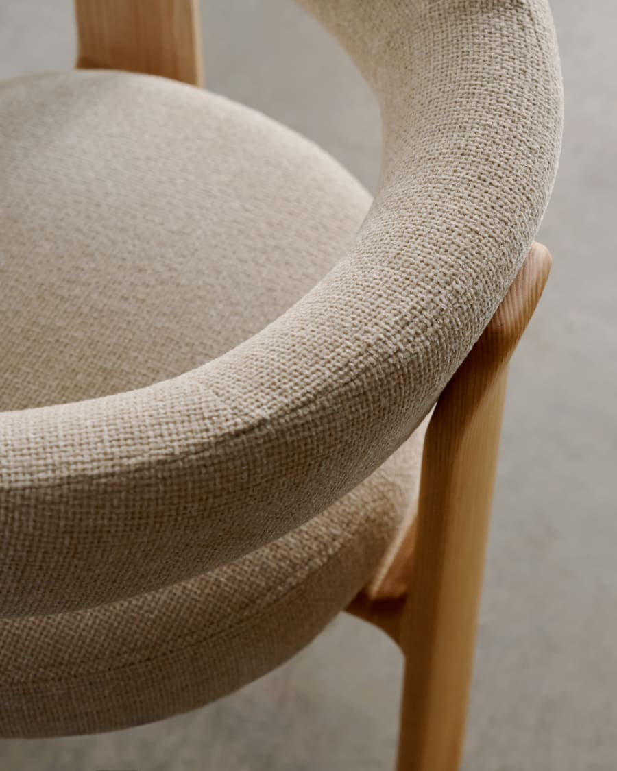 Granite 3-legged chair in beige chenille and solid ash wood in a natural finish FSC 100%