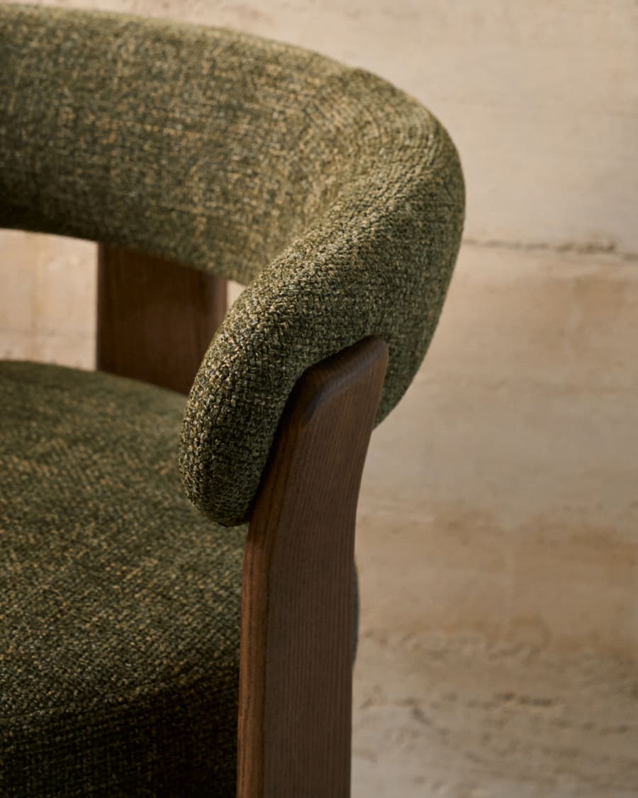Granite 3-legged chair in green chenille and with solid ash wood in a walnut finish FSC 100%