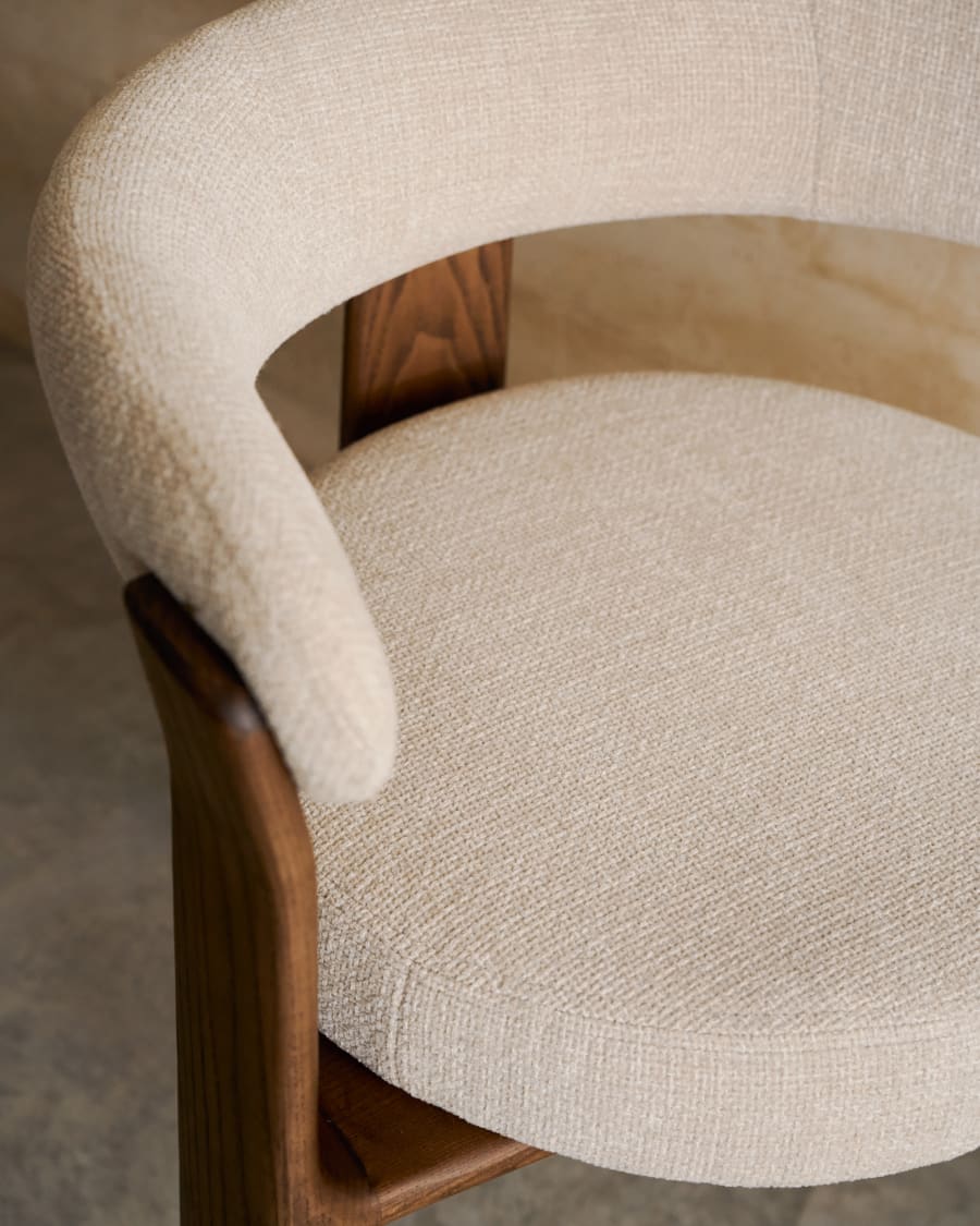 Granite 3-legged chair in beige chenille and with solid ash wood in a walnut finish FSC 100%