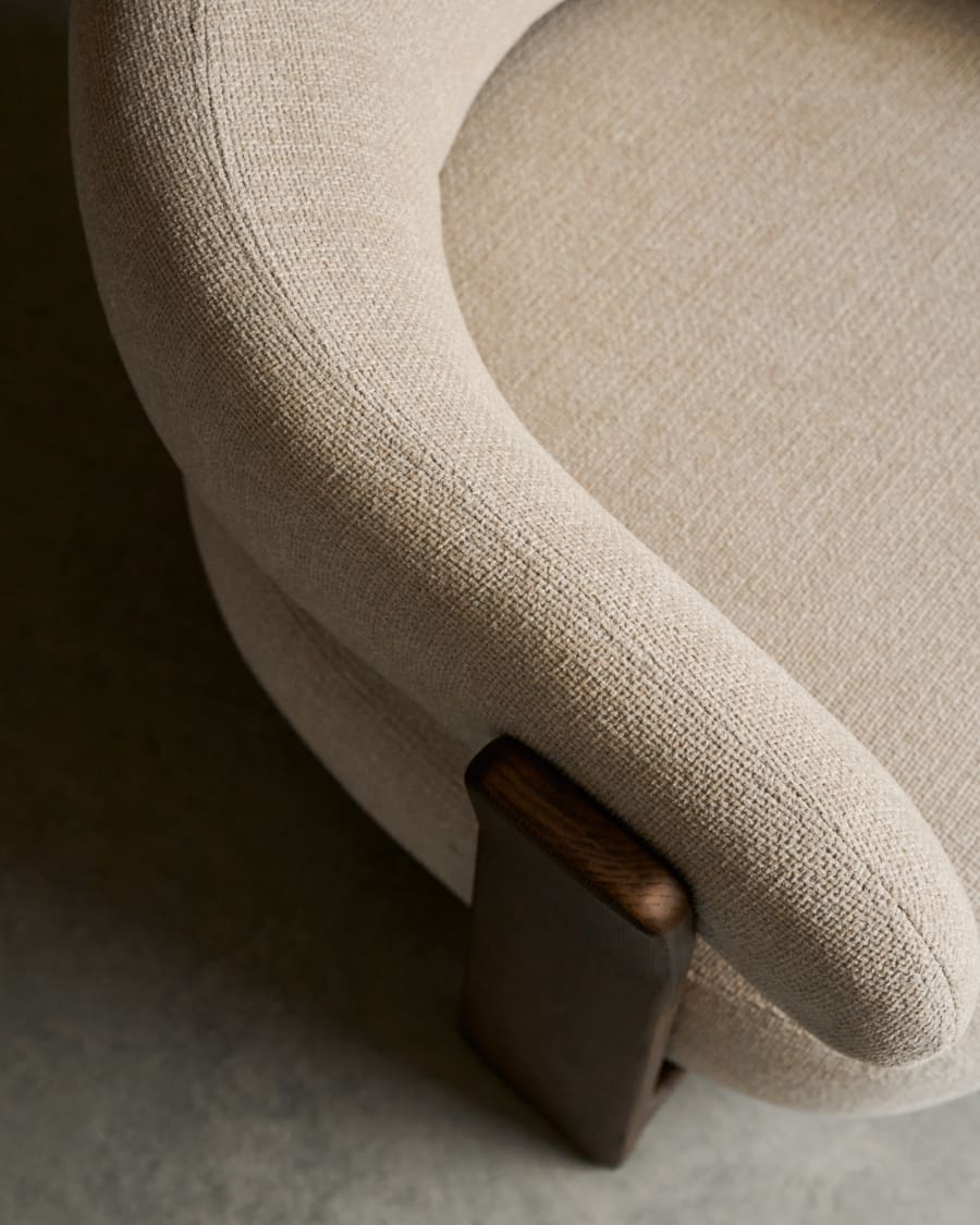 Granite beige chenille armchair with solid ash wood legs in a walnut finish FSC 100%