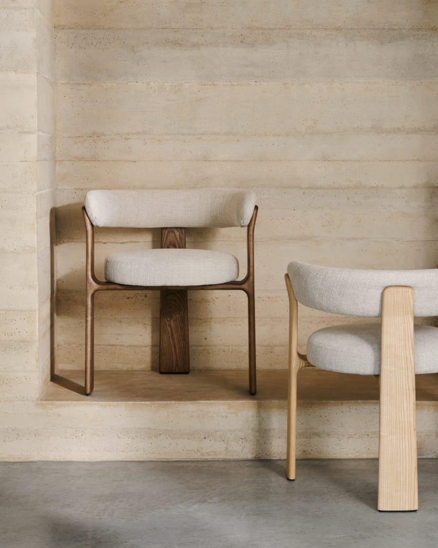 Granite 3-legged chair in beige chenille and solid ash wood in a natural finish FSC 100%